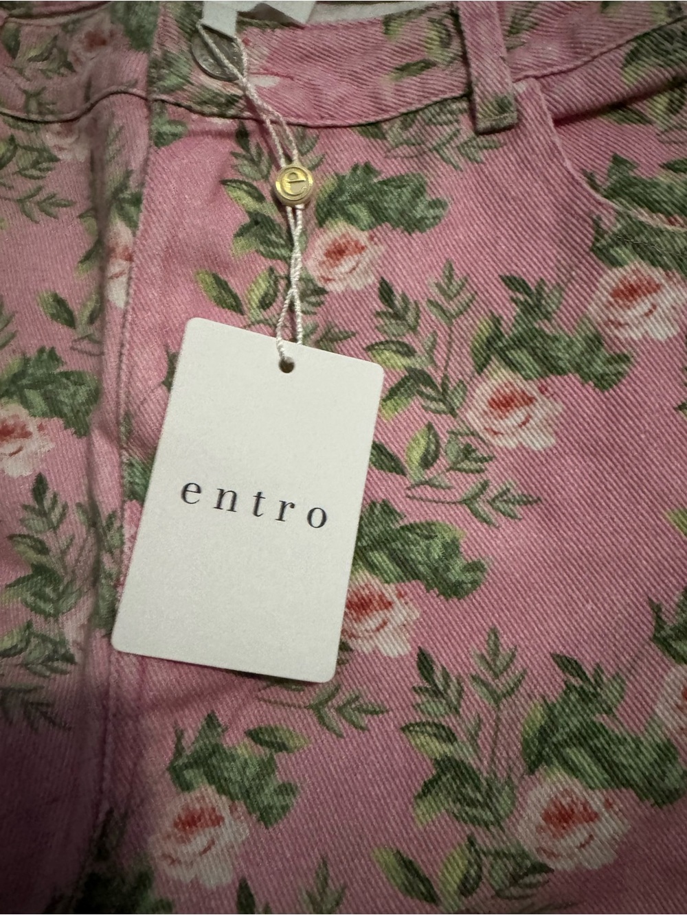 entro Pink Floral Denim Shorts with Green Leaf Print